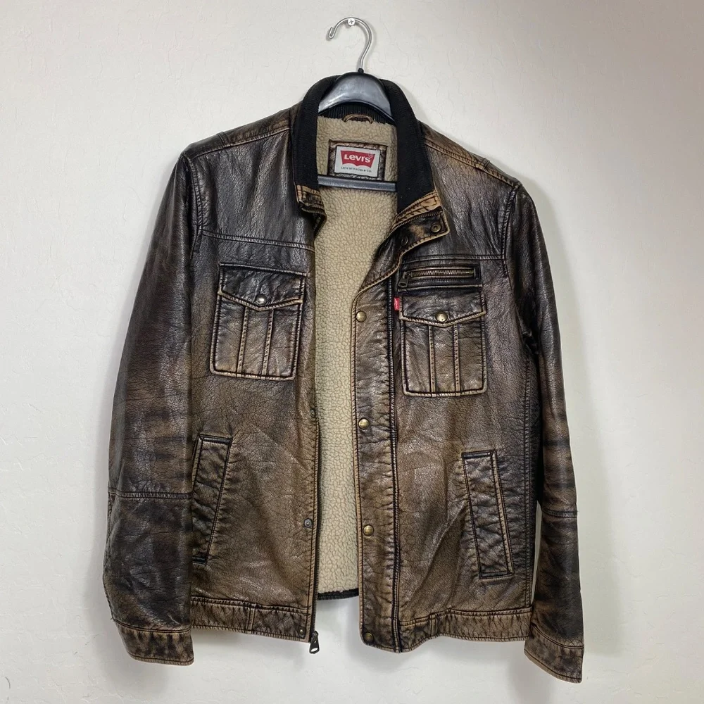 Levi's brown distressed XL faux leather Trucker/biker style jacket - Picture 14 of 15